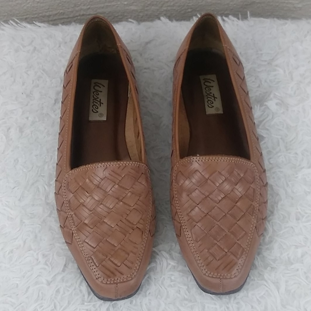 Westies Vintage Tan Woven Leather Upper Square Toe Low Heel Slip On Loafer Shoe